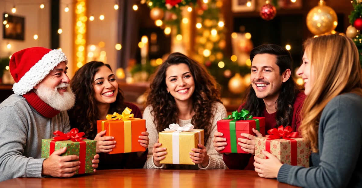 Personnes réunies autour d’une table avec des paquets cadeaux Personnes réunies autour d’une table avec des paquets cadeaux