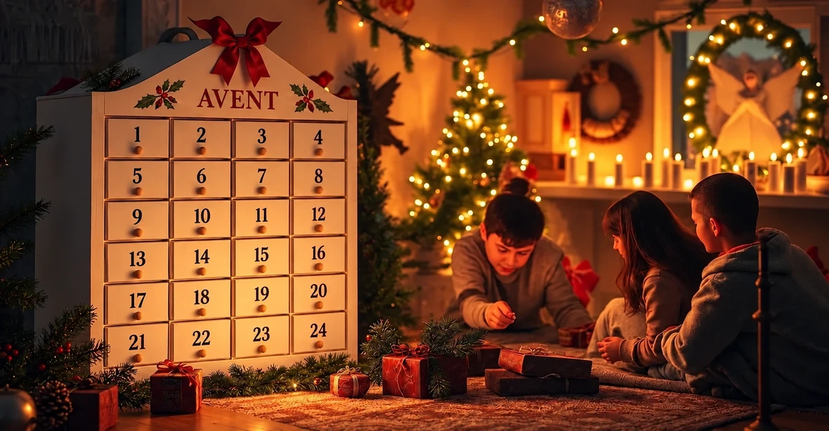 Calendrier de l’Avent à 24 tiroirs près d’une famille dans un salon Calendrier de l’Avent à 24 tiroirs près d’une famille dans un salon