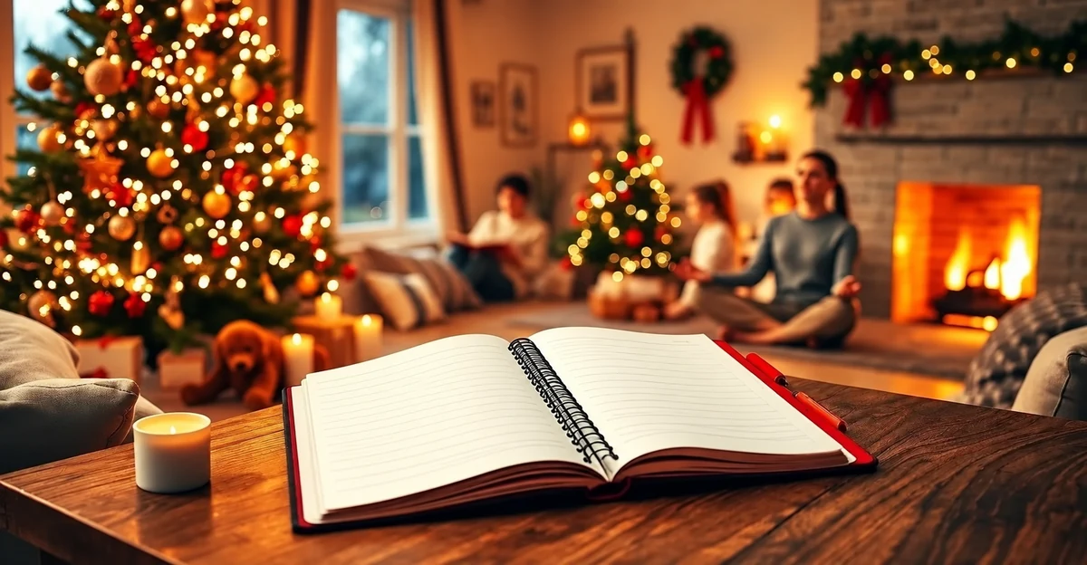 Un carnet ouvert dans un salon décoré pour Noël Un carnet ouvert dans un salon décoré pour Noël