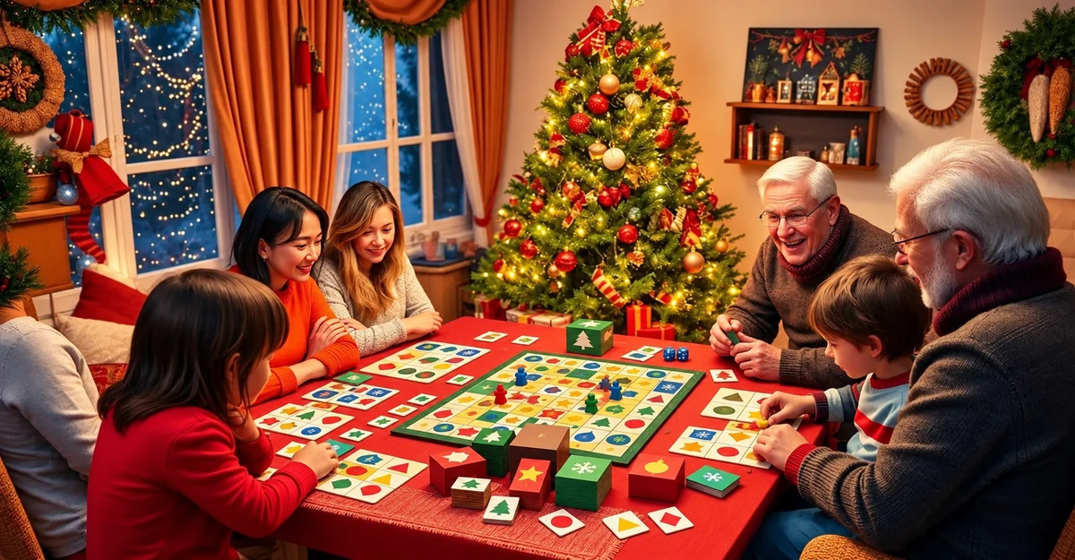 Famille jouant avec un plateau et des cartes à motifs géométriques