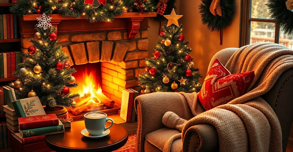 Fauteuil, livres et tasse dans un coin de lecture de Noël