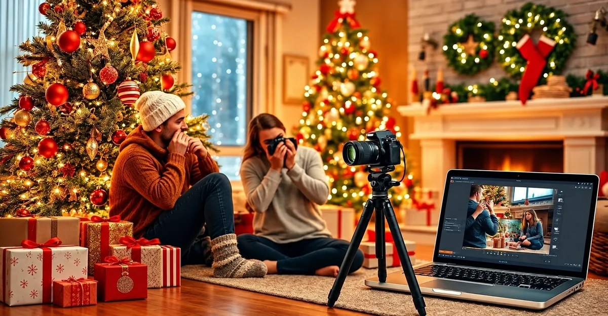 Des personnes photographient une scène de Noël avec un appareil sur trépied