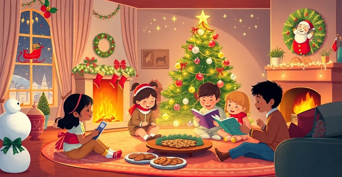 Illustration d’enfants réunis avec des livres et des biscuits à Noël