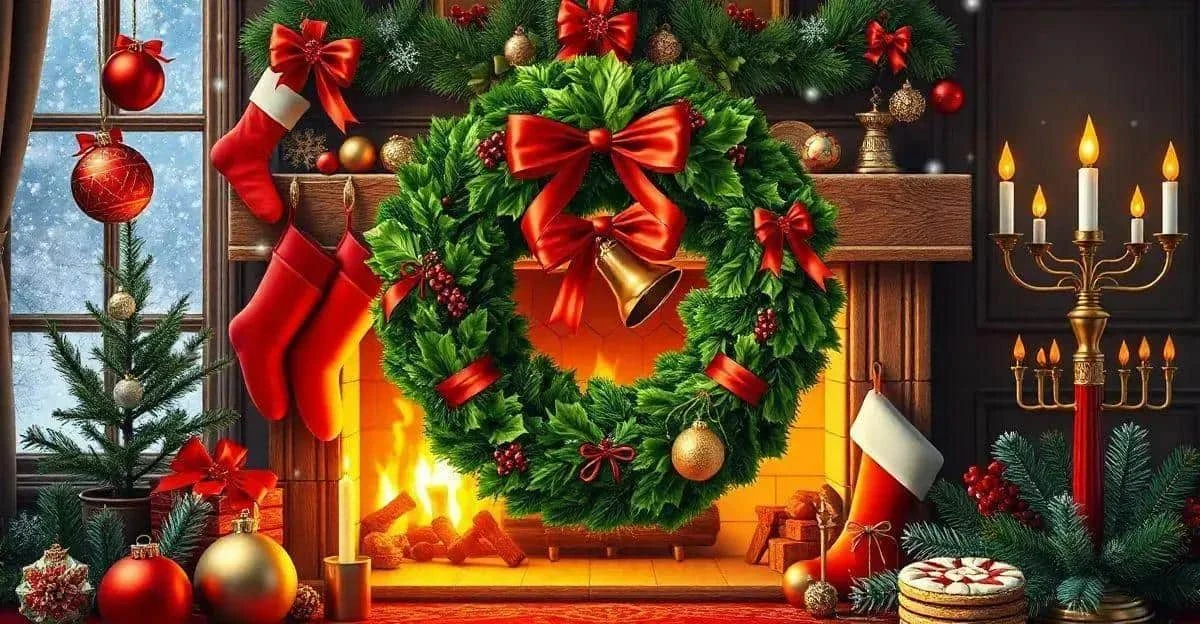 Couronne de Noël avec un ruban rouge et des cloches devant une cheminée Couronne de Noël avec un ruban rouge et des cloches devant une cheminée
