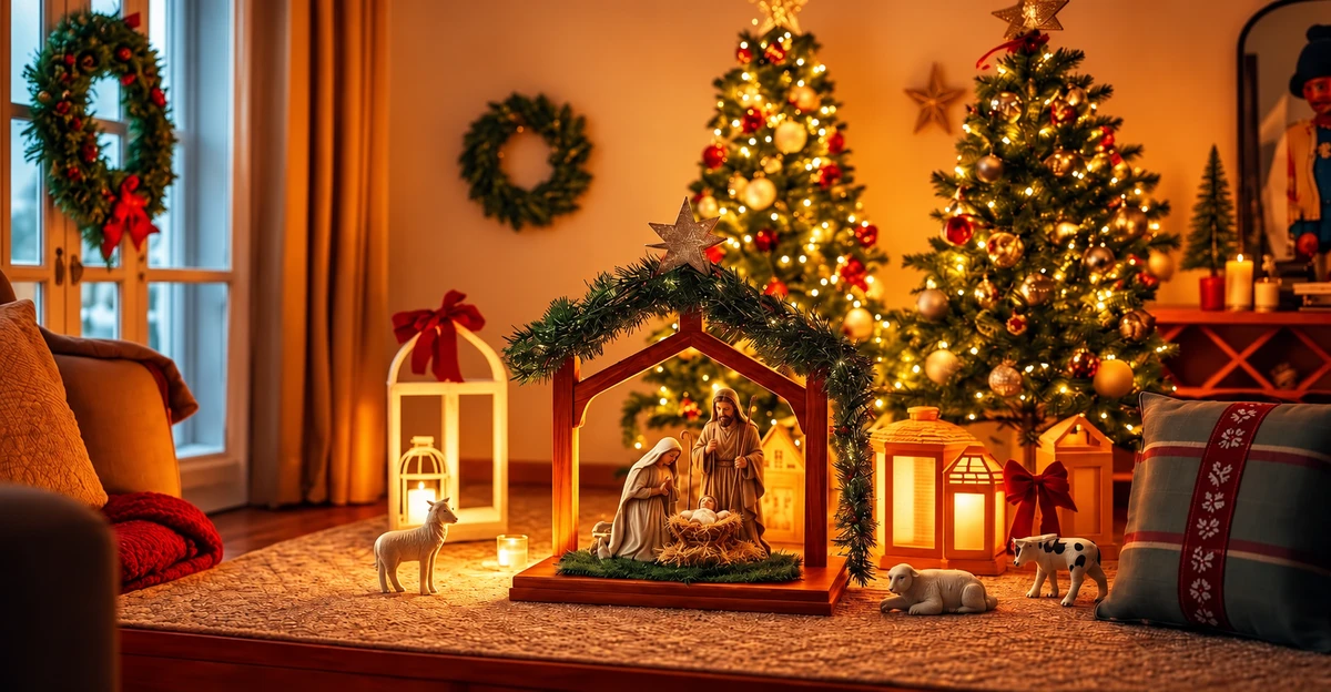 Petite crèche avec Marie, Joseph et l’enfant Jésus, entourée de décorations Petite crèche avec Marie, Joseph et l’enfant Jésus, entourée de décorations