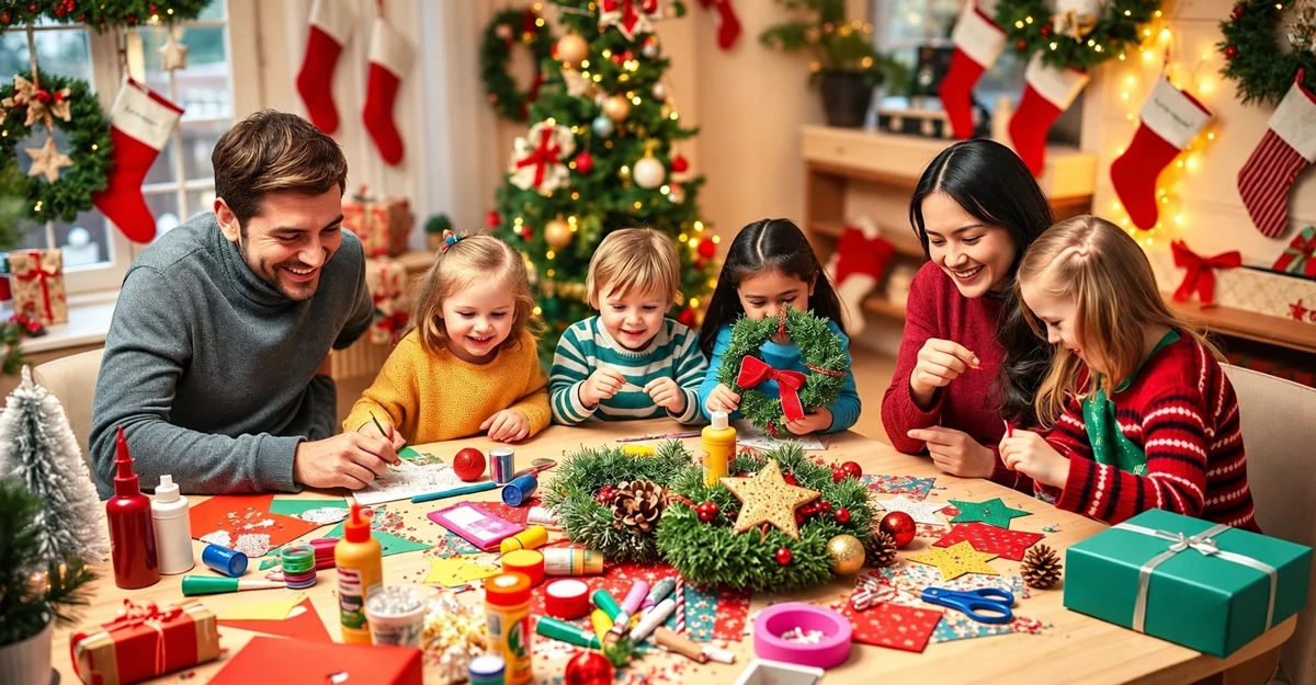 Parents et enfants réalisant des décorations dans un salon de Noël Parents et enfants réalisant des décorations dans un salon de Noël