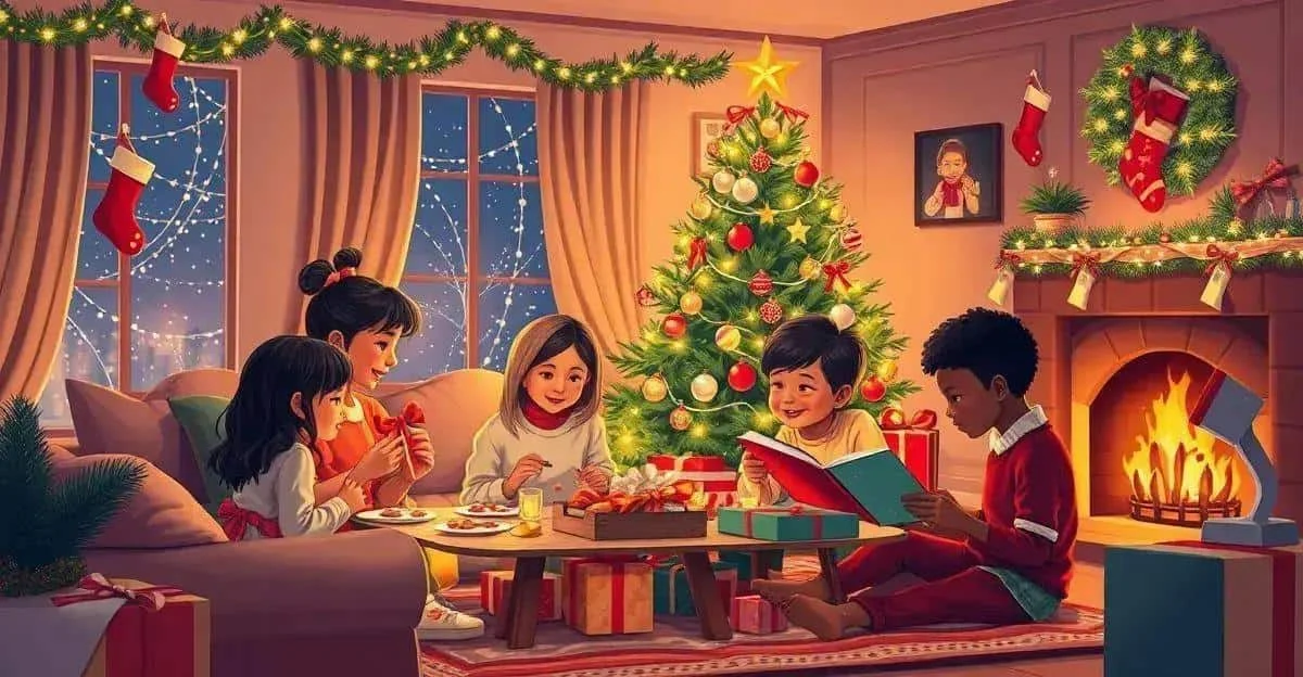 Illustration d’enfants réunis autour d’un livre et de gourmandises à Noël Illustration d’enfants réunis autour d’un livre et de gourmandises à Noël