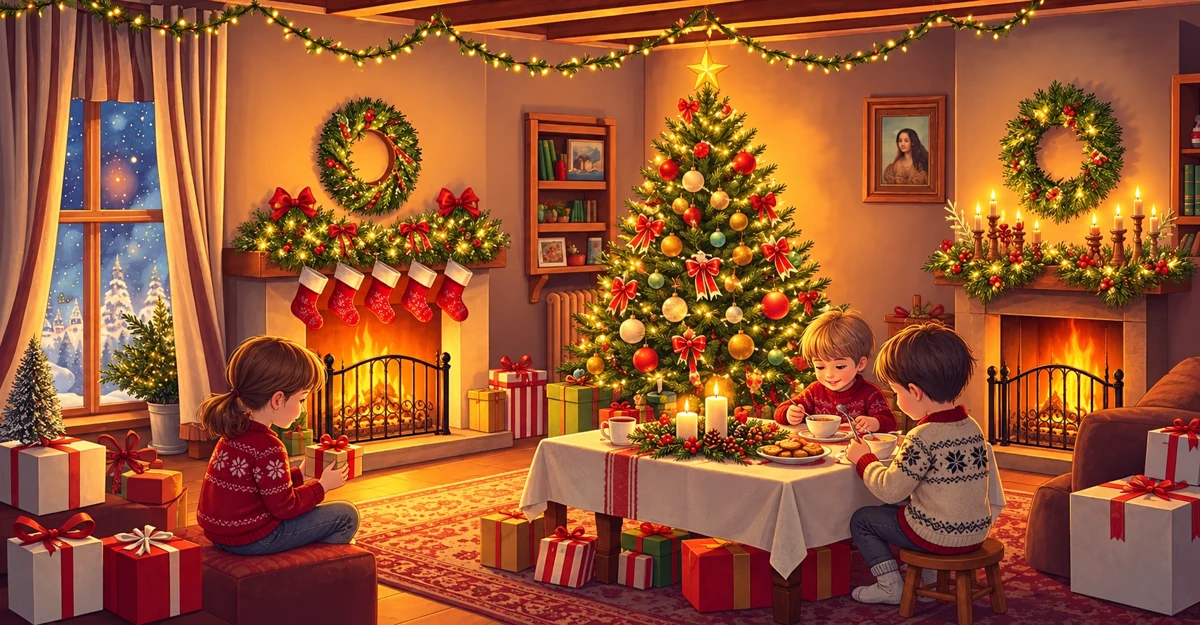 Illustration de trois enfants autour d’une petite table de Noël Illustration de trois enfants autour d’une petite table de Noël
