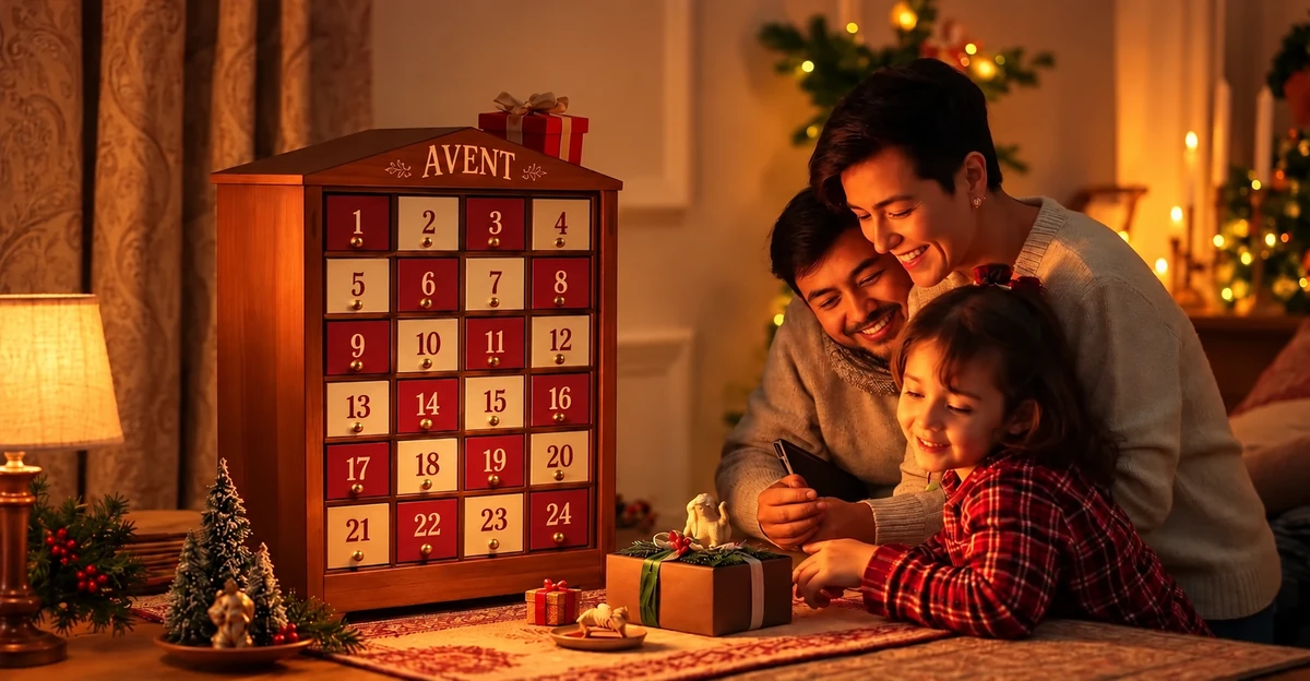 Famille réunie près d’un calendrier de l’Avent en bois Famille réunie près d’un calendrier de l’Avent en bois