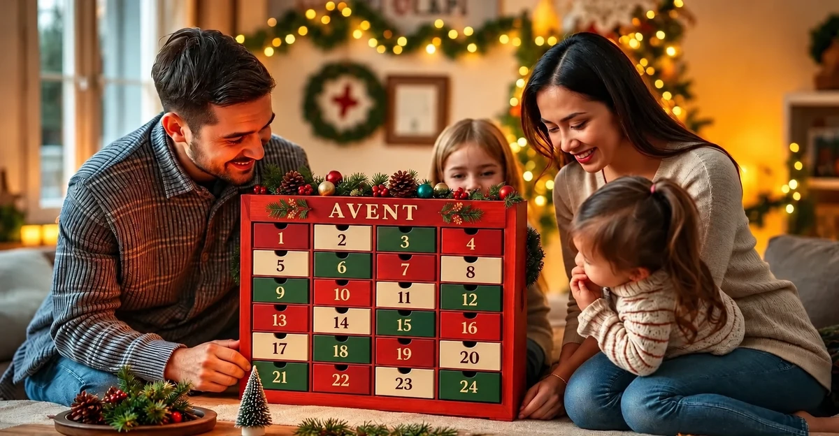Parents et enfants réunis autour d’un calendrier de l’Avent Parents et enfants réunis autour d’un calendrier de l’Avent