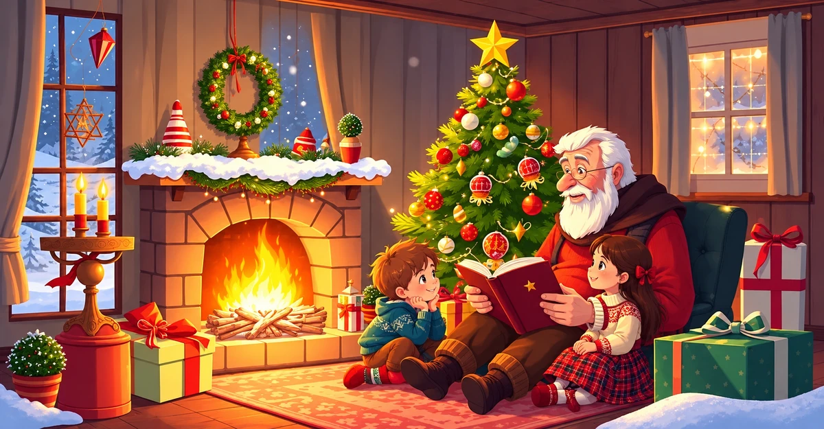 Illustration d’un grand-père lisant un livre à deux enfants près du sapin