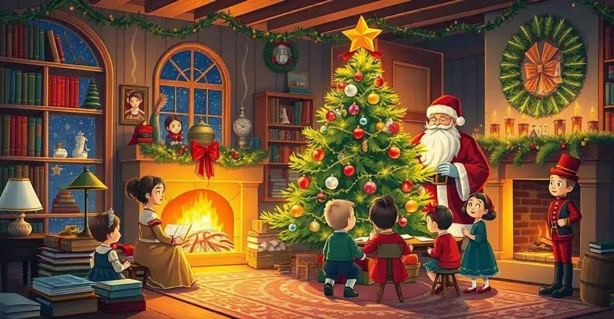 Illustration d’enfants dans une bibliothèque décorée pour Noël