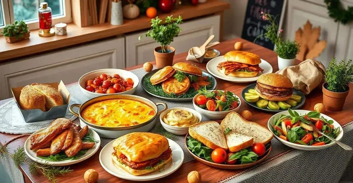 Assortiment de gratin, sandwichs et légumes sur une table de Noël