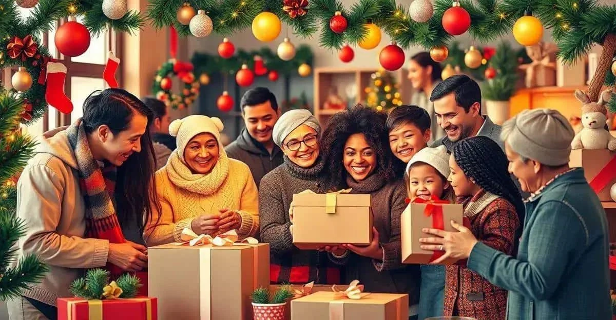 Image d’illustration d’adultes et d’enfants avec des cadeaux de Noël