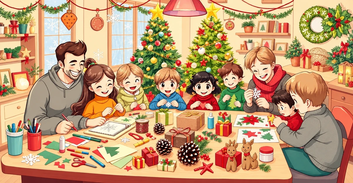 Illustration d’une famille fabriquant des décorations de Noël autour d’une table Illustration d’une famille fabriquant des décorations de Noël autour d’une table