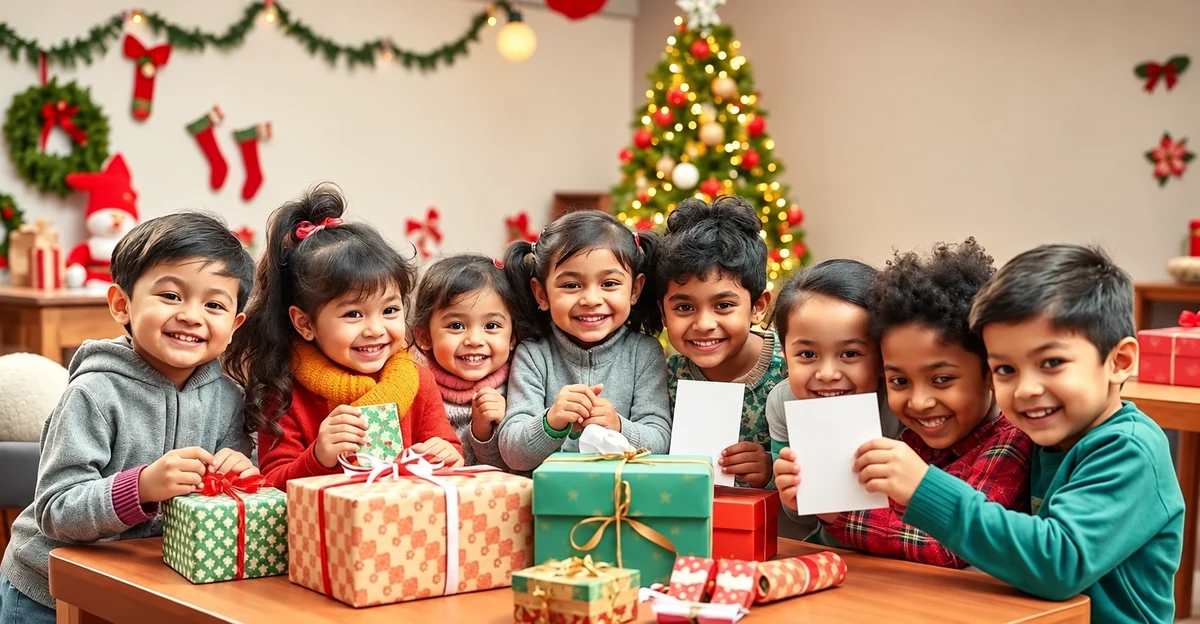 Image d’illustration d’enfants tenant des cartes près de cadeaux de Noël