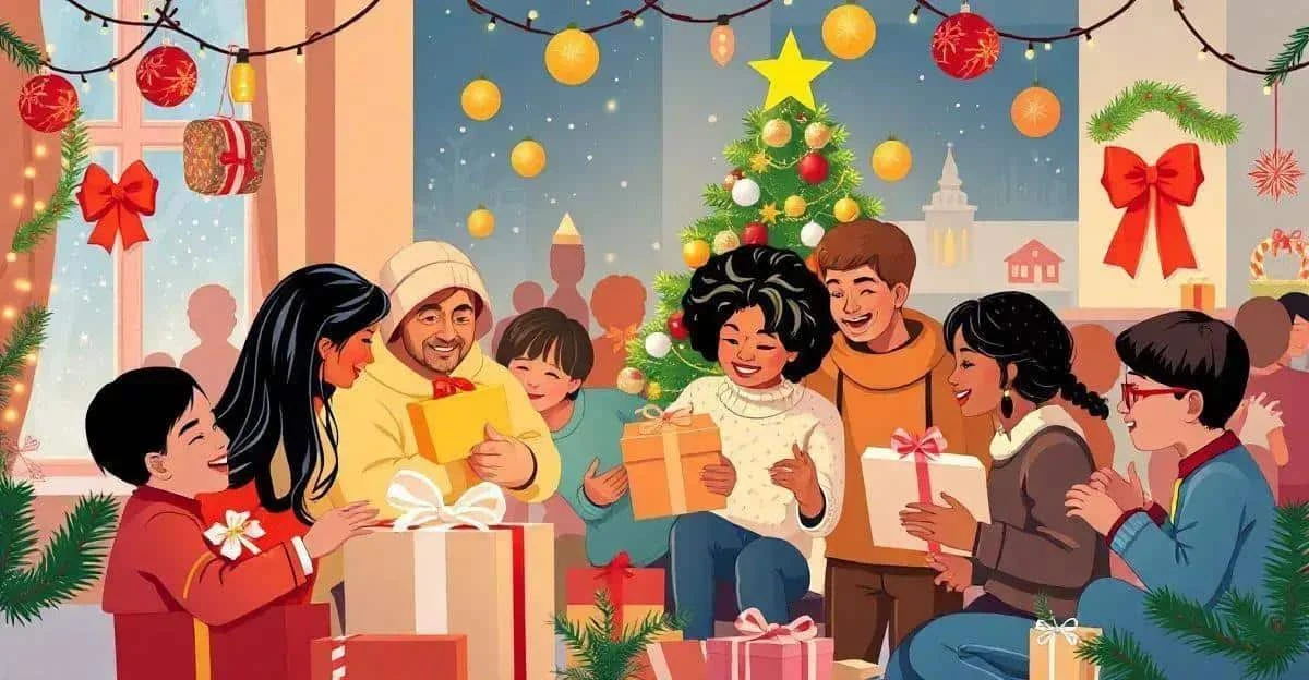 Illustration de personnes rassemblées autour de cadeaux, sur le thème de l’entraide à Noël