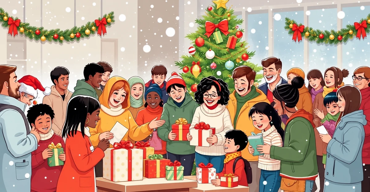 Illustration d’un groupe de plusieurs générations réuni pour Noël