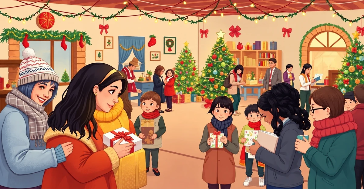 Illustration de personnes partageant des cadeaux dans une salle décorée pour Noël