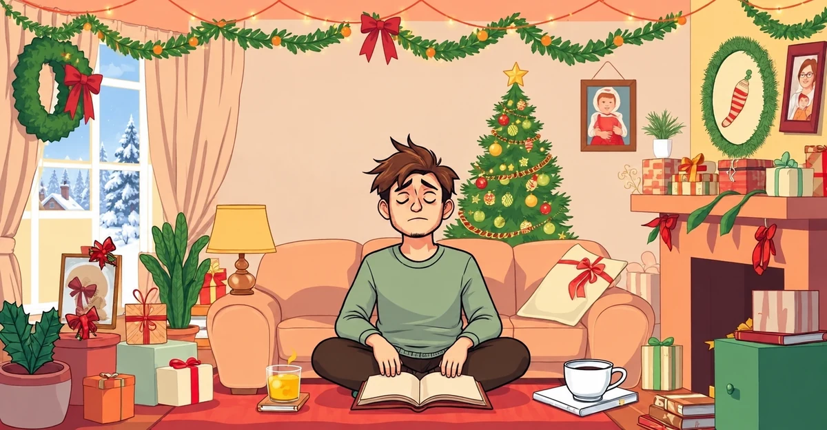 Illustration d’une personne assise avec un livre dans un salon de Noël Illustration d’une personne assise avec un livre dans un salon de Noël