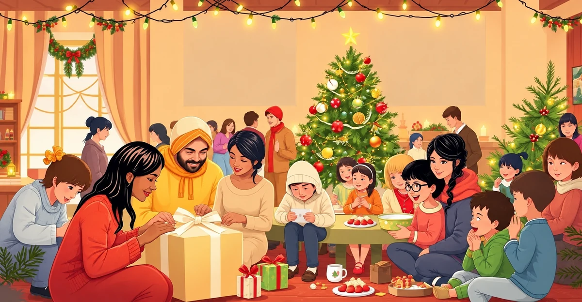 Illustration de familles et de cadeaux dans une salle festive de Noël