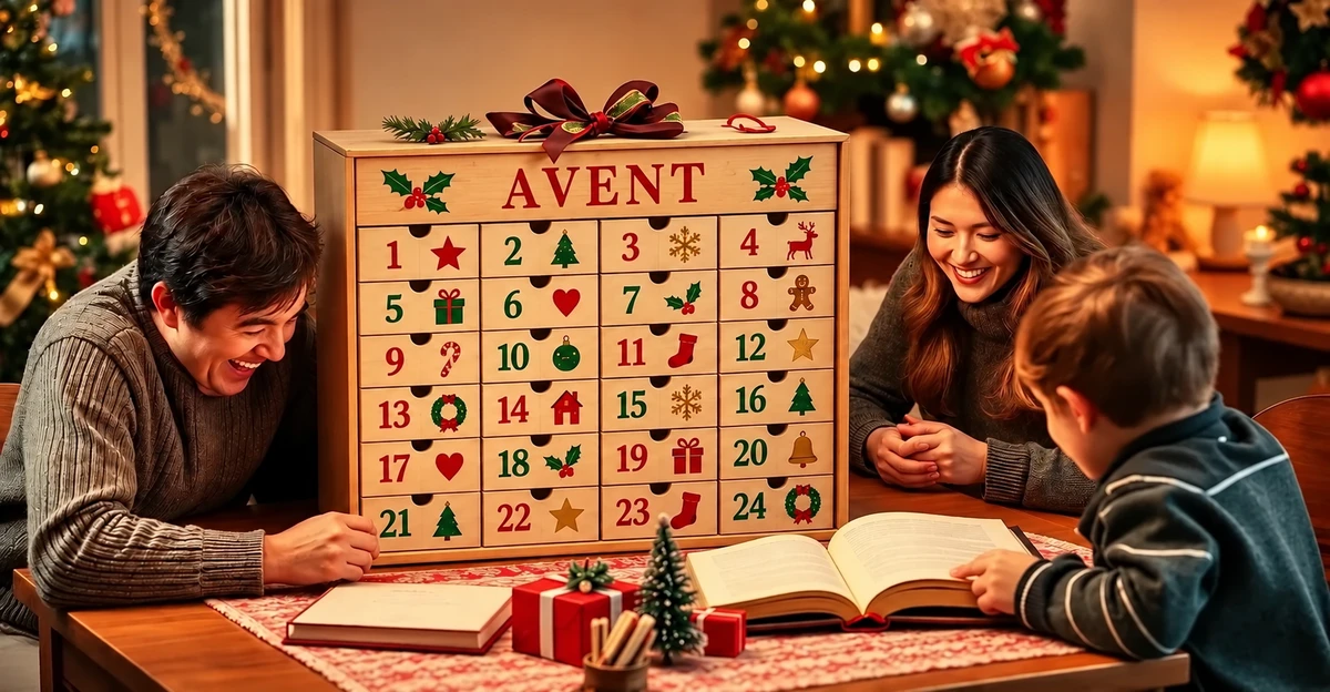 Famille lisant près d’un calendrier de l’Avent Famille lisant près d’un calendrier de l’Avent