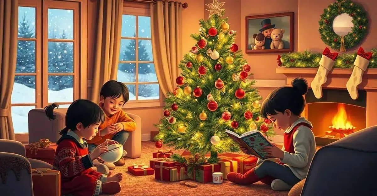 Illustration d’enfants lisant et partageant un goûter à Noël Illustration d’enfants lisant et partageant un goûter à Noël