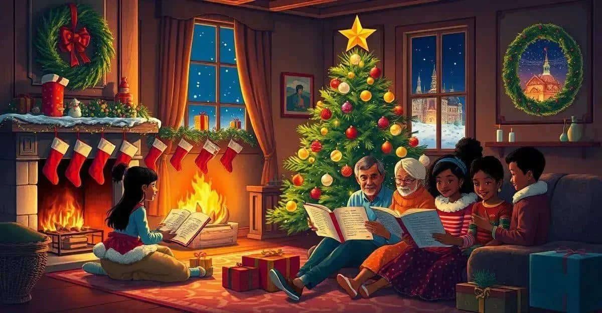 Illustration d’une famille partageant des livres près du sapin