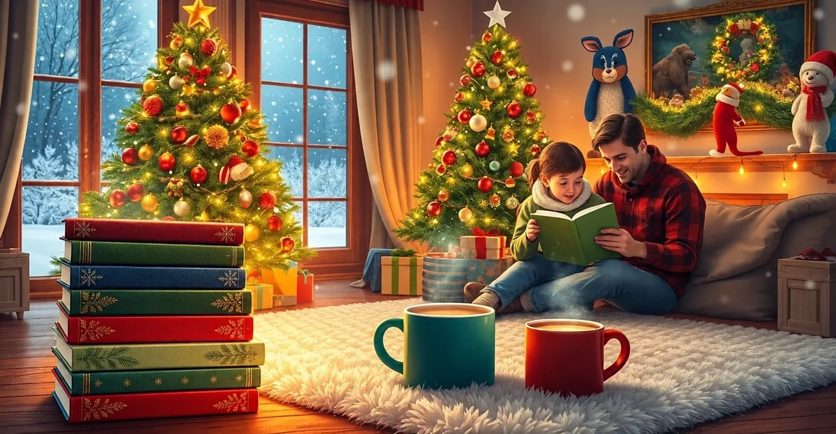 Un père et son enfant lisent ensemble près du sapin Un père et son enfant lisent ensemble près du sapin