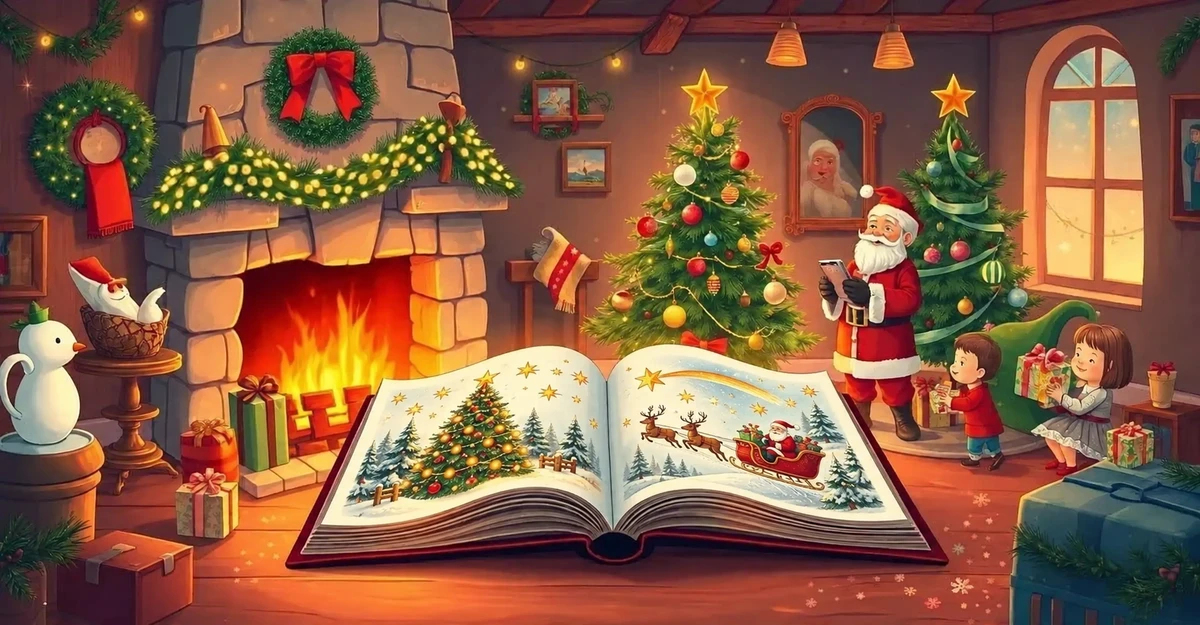 Livre illustré de Noël ouvert dans un salon chaleureux