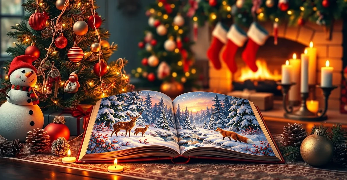 Livre d’images ouvert sur une forêt enneigée, un renard et des cervidés
