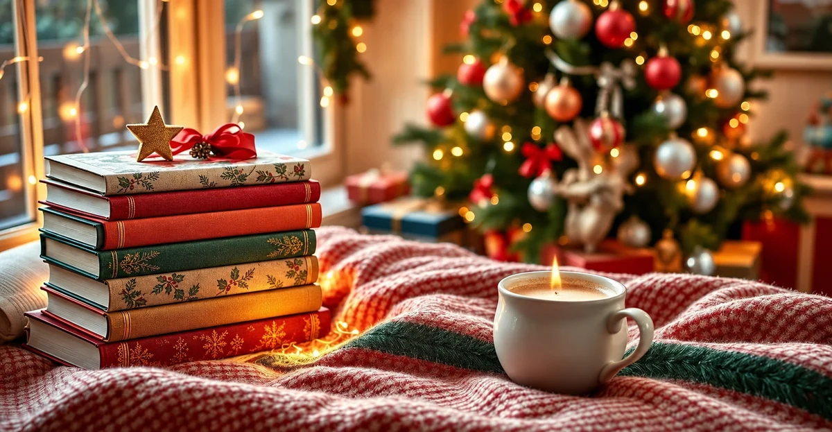 Livres aux couvertures colorées et boisson chaude à Noël Livres aux couvertures colorées et boisson chaude à Noël