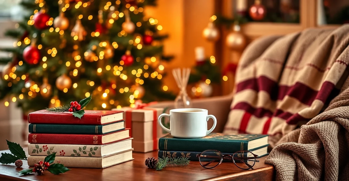 Livres et tasse près d’un fauteuil et d’un sapin de Noël Livres et tasse près d’un fauteuil et d’un sapin de Noël