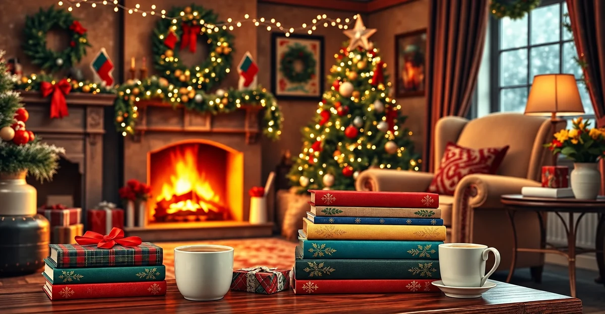 Piles de livres dans un salon décoré pour Noël Piles de livres dans un salon décoré pour Noël