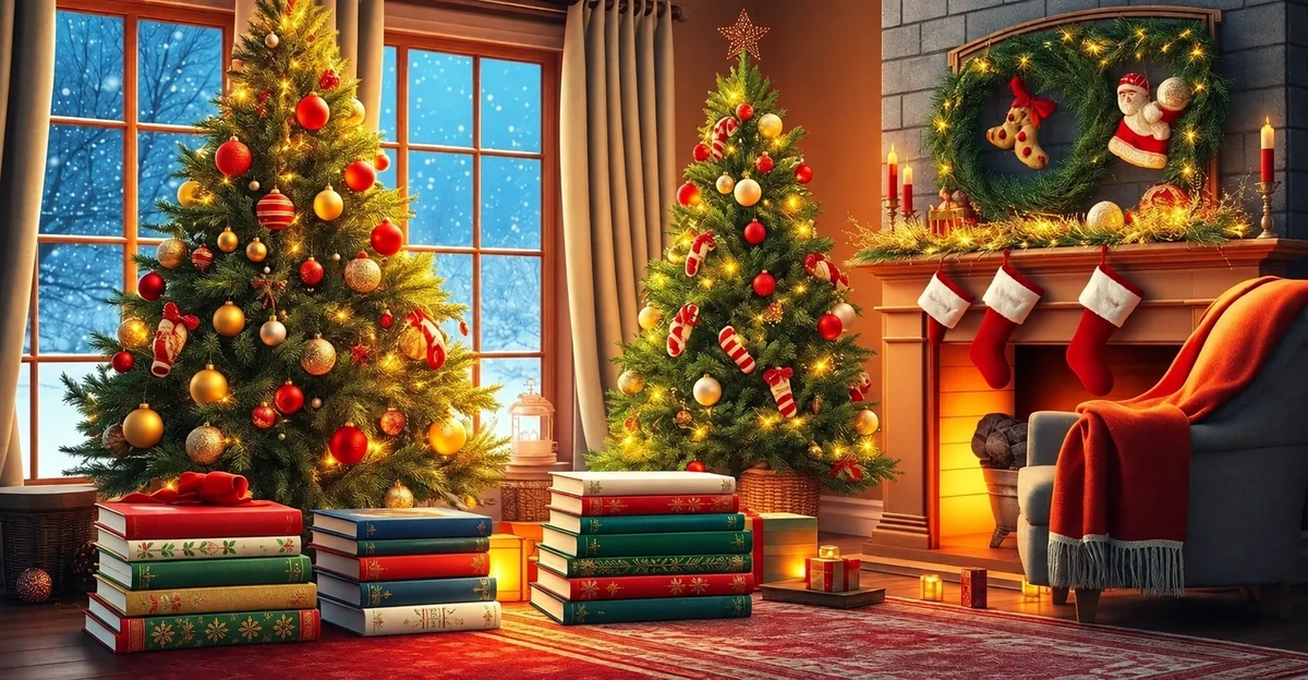 Livres disposés près de sapins et d’une cheminée Livres disposés près de sapins et d’une cheminée