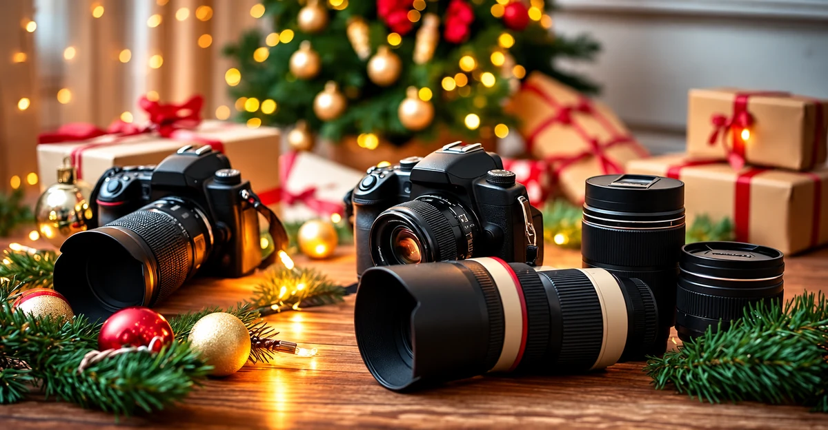 Appareils photo et objectifs disposés devant des lumières de Noël
