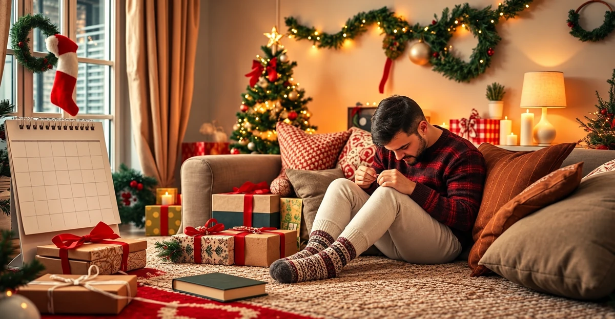 Un homme assis sur un canapé prend un moment de pause pendant les fêtes Un homme assis sur un canapé prend un moment de pause pendant les fêtes
