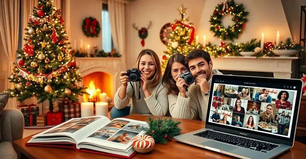 Des proches avec des appareils photo, un album et un ordinateur dans un salon de Noël