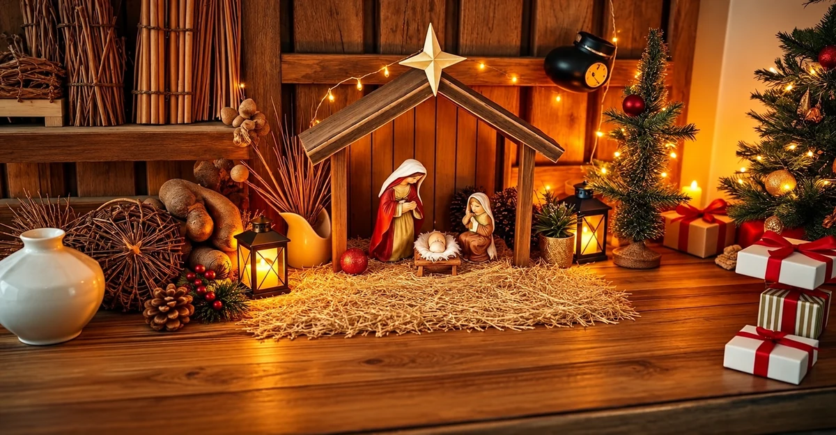 Crèche avec étoile, figurines et paille sur une table en bois Crèche avec étoile, figurines et paille sur une table en bois