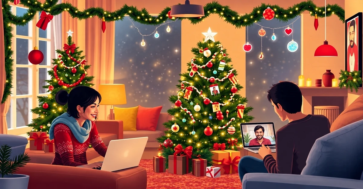 Proches échangeant par appel vidéo dans un salon décoré pour Noël Proches échangeant par appel vidéo dans un salon décoré pour Noël