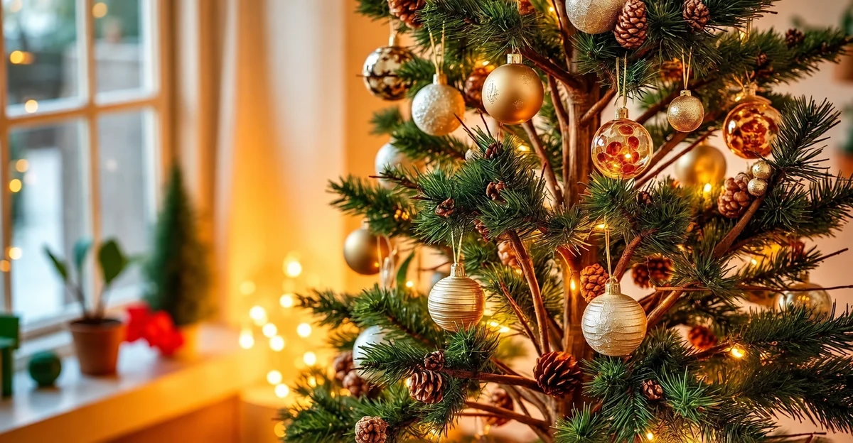 Ornements en bois, agrumes séchés et pommes de pin sur un sapin