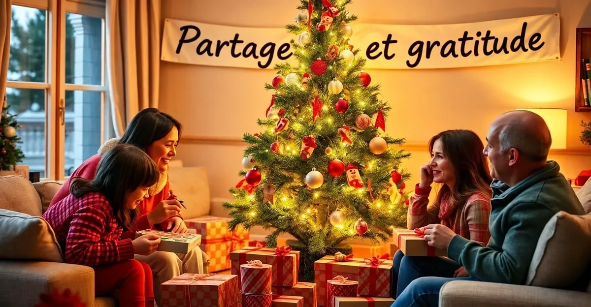 Famille près du sapin sous une bannière « Partage et gratitude » Famille près du sapin sous une bannière « Partage et gratitude »