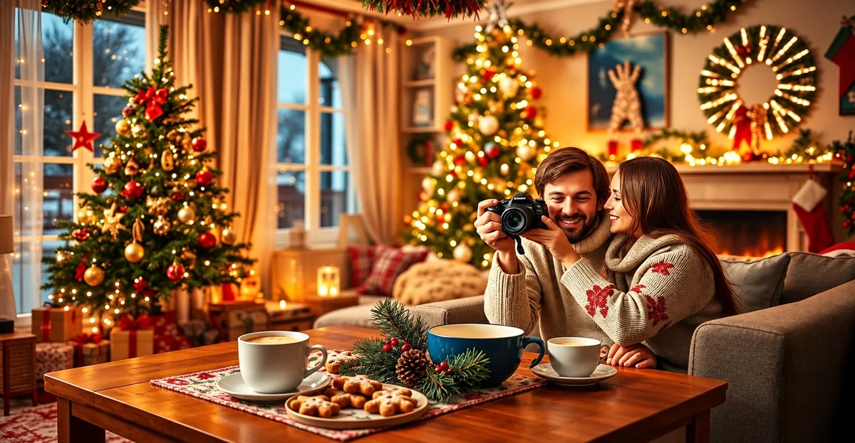 Un couple regarde un appareil photo dans un salon décoré pour Noël