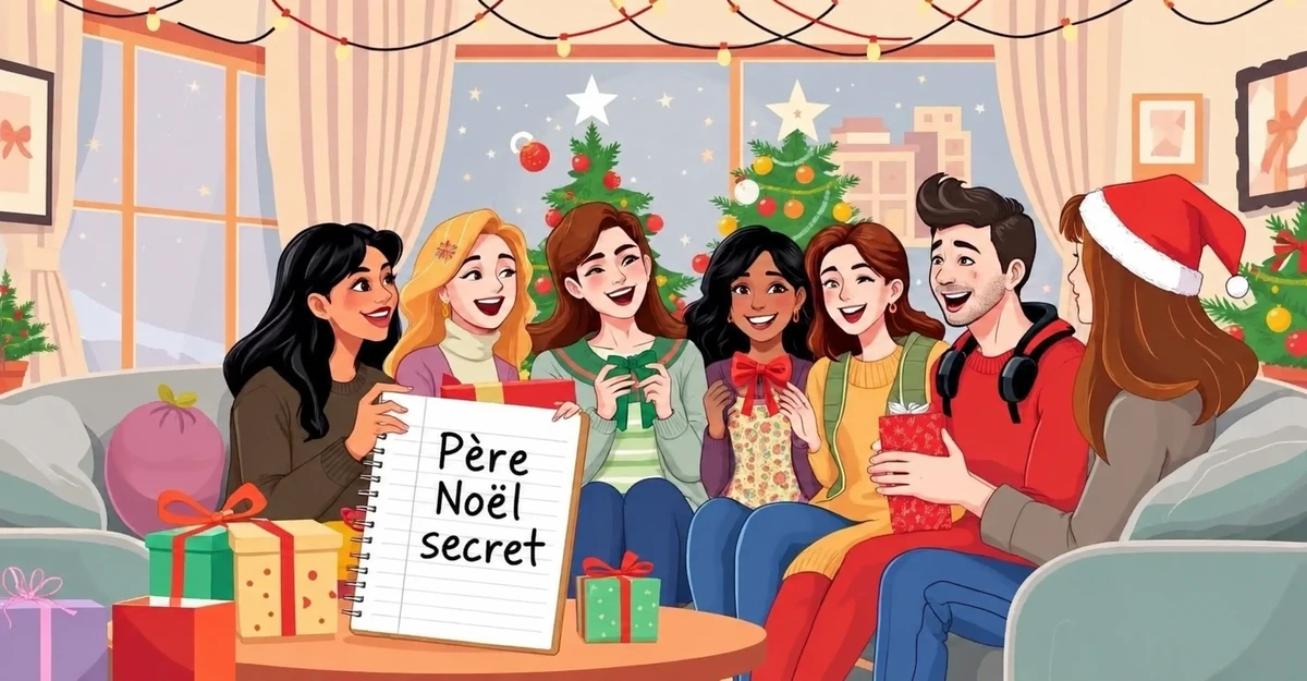 Illustration d’un groupe avec un carnet portant « Père Noël secret »
