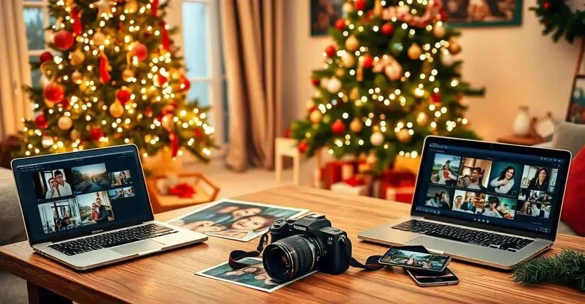 Appareil photo, album et ordinateurs affichant des souvenirs de Noël