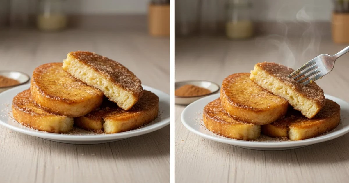 Deux vues de tranches de pain dorées servies sur des assiettes