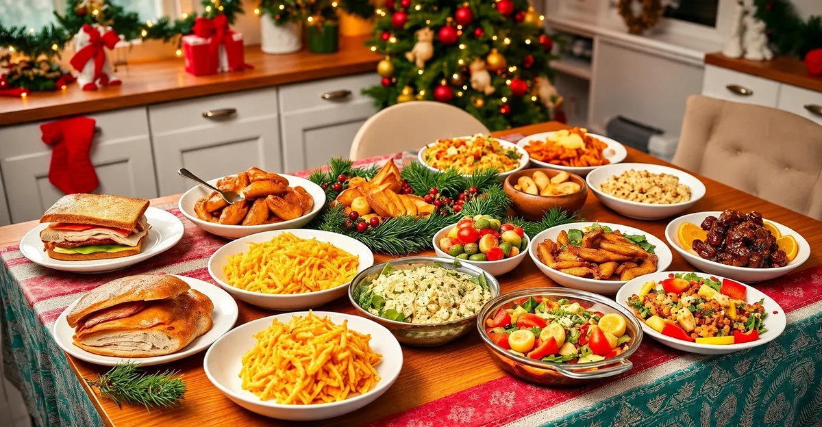 Plusieurs plats de riz, de légumes et de viande disposés sur une table
