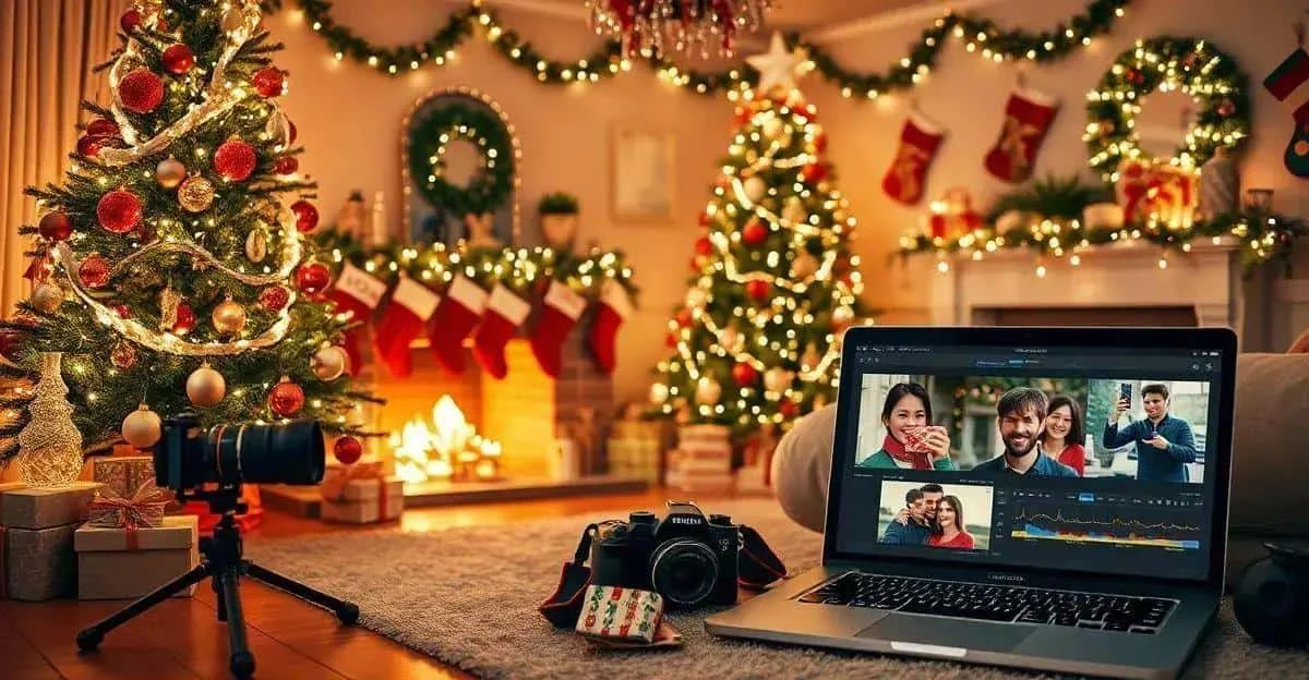 Un ordinateur affiche des photos à côté d’appareils dans un décor de Noël