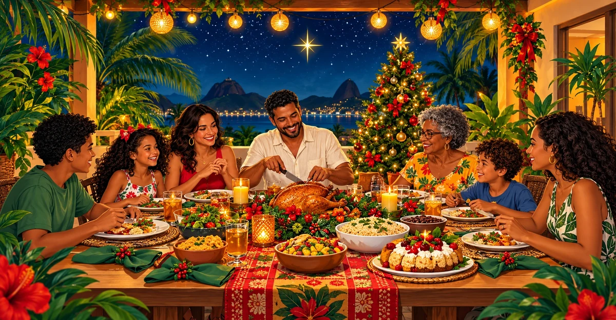 Illustration d’un repas familial de Noël en terrasse au Brésil Illustration d’un repas familial de Noël en terrasse au Brésil