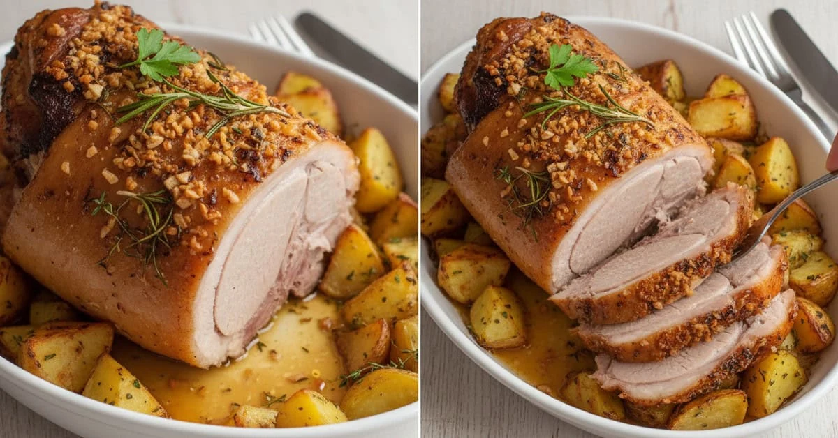 Rôti servi avec des pommes de terre pour un repas festif